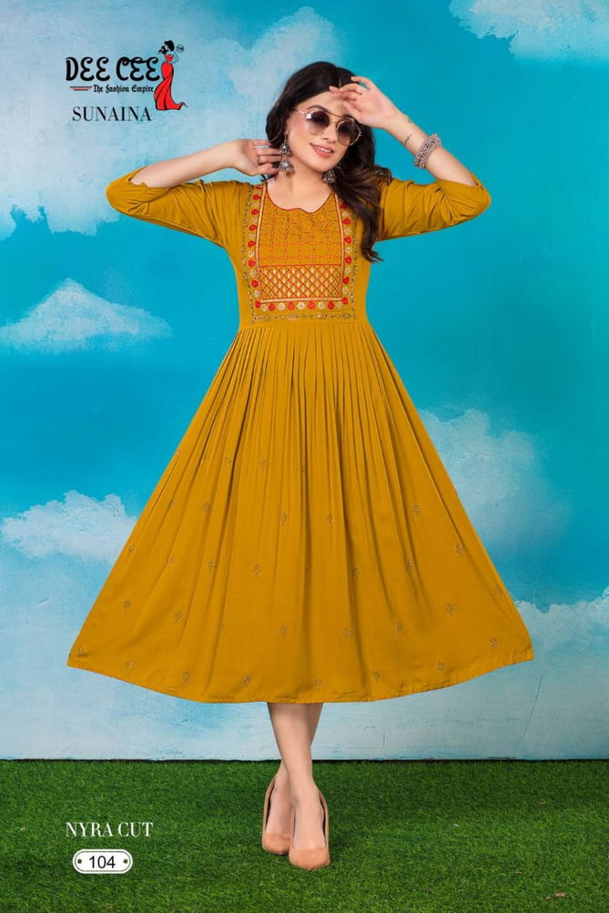 Sunaina By Deecee Rayon Naira Cut Embroidery Kurtis Catalog